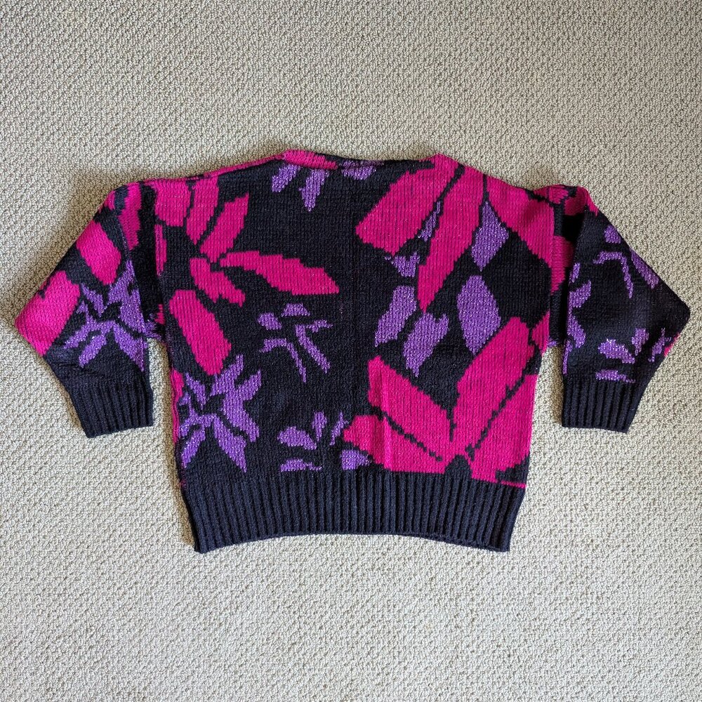 Vintage Abstract Floral Sweater – Bold Pink & Purple on Black by St Michael